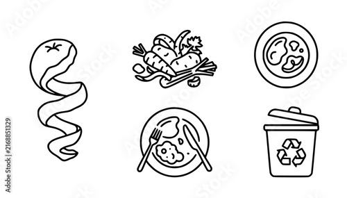 Kitchen Food Scraps Leftovers and Organic Waste Thin Line Vector Set