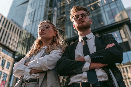 Confident young business team standing outside modern glass office buildings with crossed arms