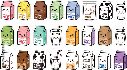 Cute kawaii milk carton collection with various flavors and sweet treats