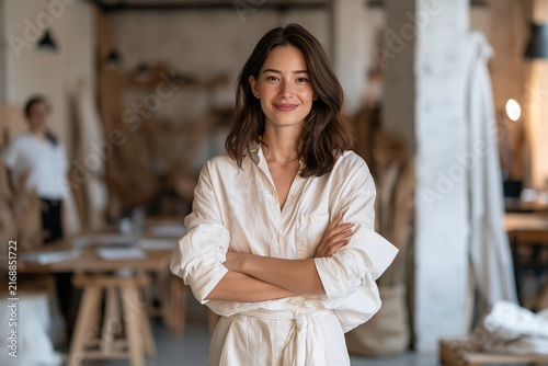 Confident young female artist standing with arms crossed inside bright creative studio space