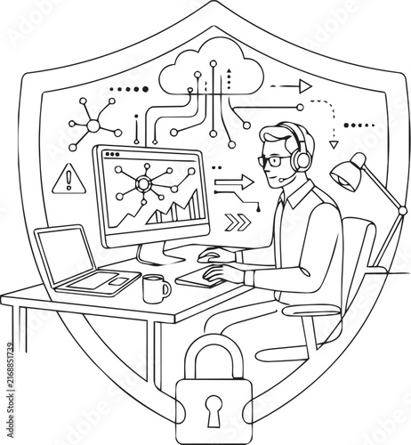 Computer programmer working inside a digital security shield