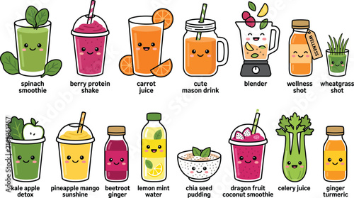 Cute cartoon healthy drinks and ingredients with smiling faces illustration