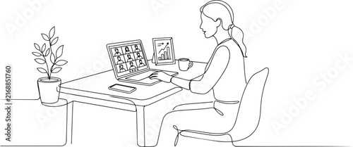 Woman working on a laptop at a desk line drawing