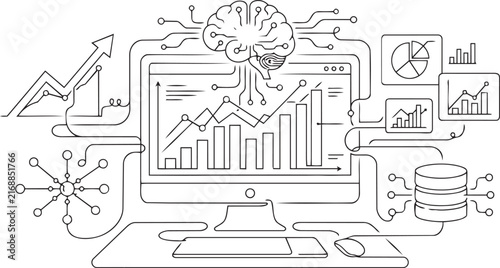 Computer screen showing data analysis and business charts