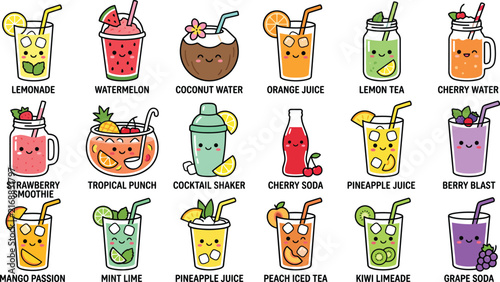 Cute illustrated drinks collection with smiling faces and colorful fruit