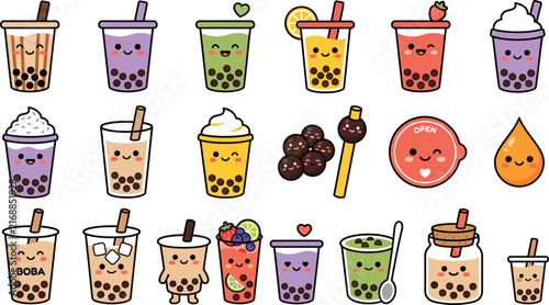 Cute boba tea characters collection colorful vector illustration isolated on white