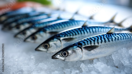Fresh striped fish arranged in a row on crushed ice at a market ready for sale showcasing their vibrant blue and silver scales with clear natural lighting