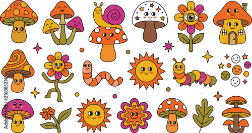 Cute whimsical mushrooms flowers snails and caterpillars cartoon illustration set