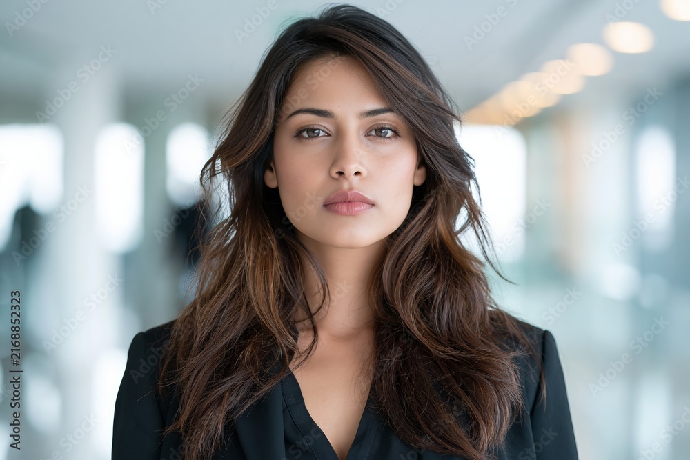 Fototapeta premium Serious young indian businesswoman with dark hair wearing black blazer in modern office