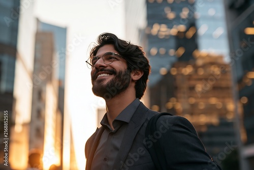 Smiling young businessman with glasses and beard standing outdoors among tall city buildings