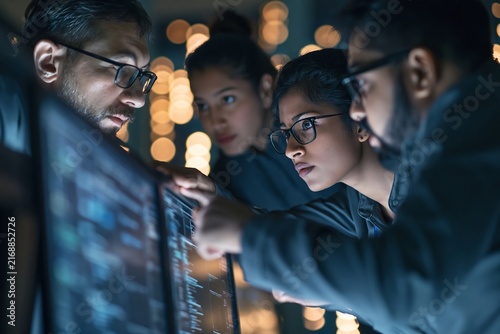 Team of tech specialists intensely analyzing code and data on computer monitors at night
