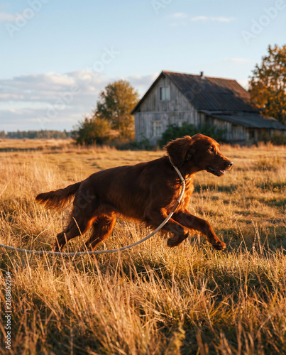 Rustic early autumn photoshoot of a little red-haired girl with a red setter dog near an old barn, warm countryside mood with soft seasonal light