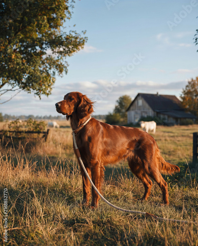 Rustic early autumn photoshoot of a little red-haired girl with a red setter dog near an old barn, warm countryside mood with soft seasonal light