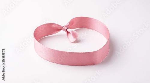 A pink breast cancer awareness ribbon forming a subtle heart-like shape, symbolizing a mother's love and support, isolated alone on a completely plain white background, elegant satin material, soft 