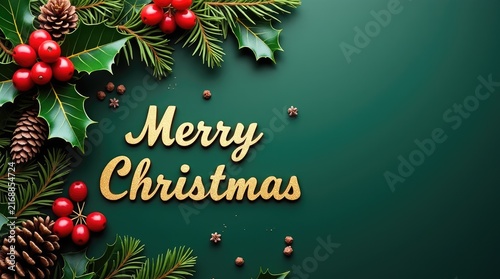Merry Christmas text with pine branches and holly on green background  