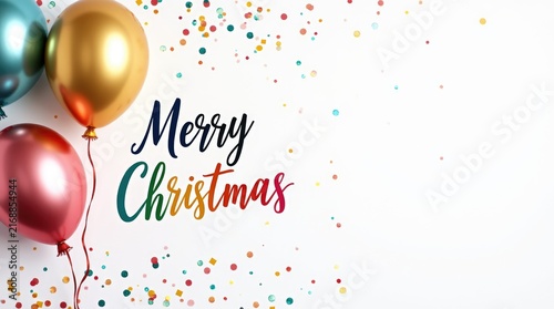 Colorful balloons and confetti with Merry Christmas greeting  