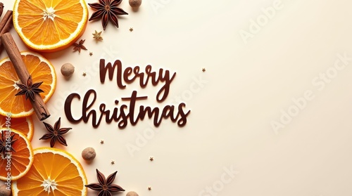 Christmas decorations with orange slices, spices, and festive text  