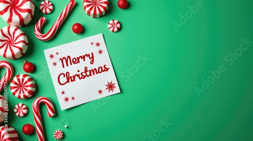 Festive candy canes and peppermint candies with Christmas card  