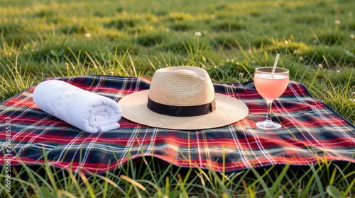 Picnic setup with a straw hat, towel, and cocktail on grass  