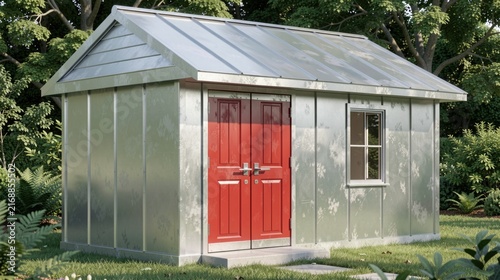 Metal garden shed with red doors surrounded by greenery  