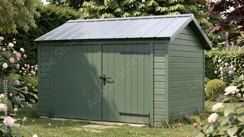 Green garden shed with silver roof surrounded by flowers  