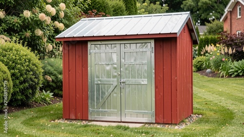 Red metal garden shed with glass roof in landscaped backyard  