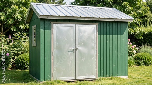 Green garden shed with metal doors in a landscaped backyard  