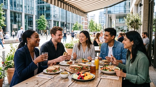 Diverse group of young professionals enjoying a casual outdoor lunch meeting at a city restaurant terrace.