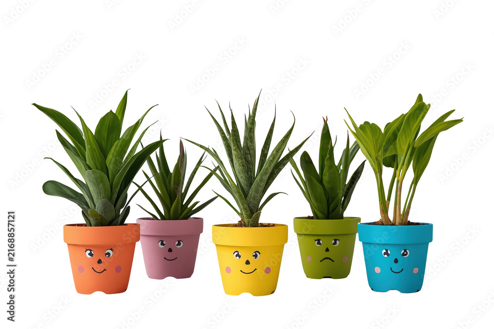 Fototapeta premium Five cheerful potted succulent plants with smiling faces