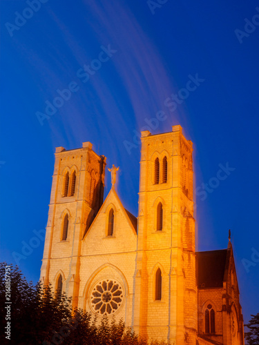 Glowing Church With Soul Like Clouds Rising At Blue Hour