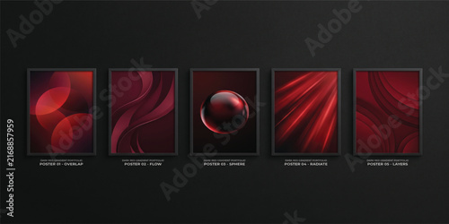 Abstract red black poster templates set. Vector modern gradient cover designs with circular waves, spiral vortex, light beams and folded geometric shapes