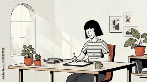 Female illustrator drawing on a digital graphic tablet at sunlit home office desk, modern halftone line art illustration for freelance remote work and creative design concepts
