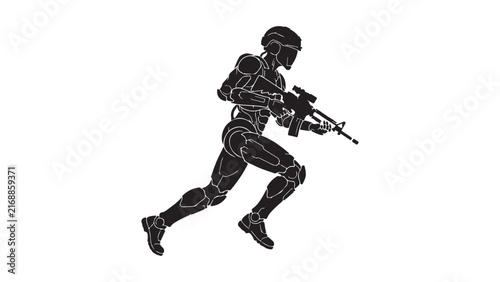 Futuristic Cyborg Soldier Running with Rifle Silhouette