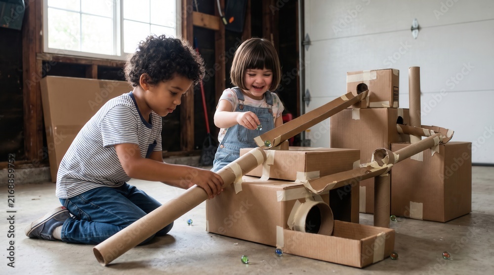 Naklejka premium Two happy diverse kids building handmade cardboard marble run game playing together inside garage. Concept of cardboard track, stem activity, creative play. Copy space.