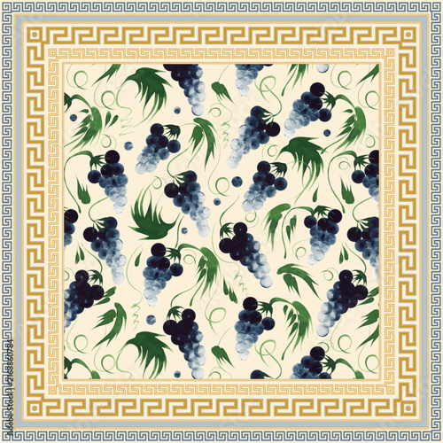 Set of vector seamless borders golden frieze patterns and grapes hand drawn decoration. 4 pattern brushes in the brush palette
