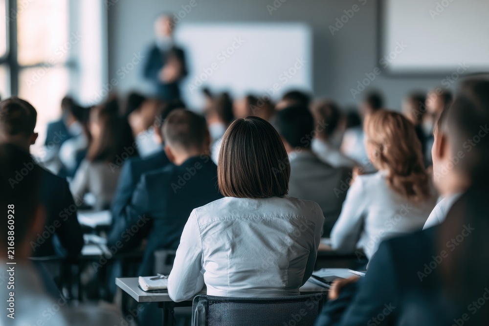 Fototapeta premium Engaged learners in a modern classroom taking notes while listening to a presenter