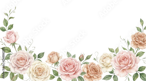 Elegant blush pink ivory and muted peach rose floral border with green foliage and polished watercolor blossoms isolated on transparent background