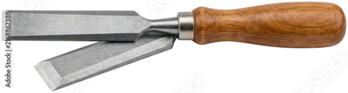 Konstfotografi Woodworking chisel with wooden handle on black.