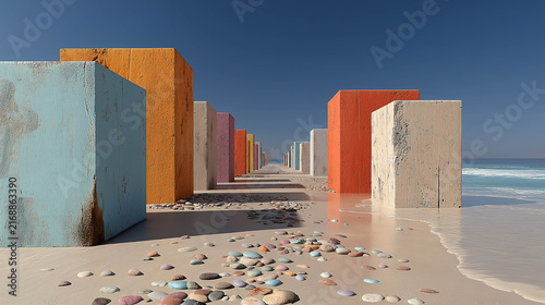 Obraz na płótnie Rectangular concrete pillars line a sandy beach under a clear blue sky