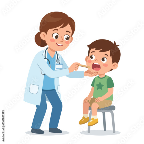 Doctor checking throat with tongue depressor on young boy in clinic  