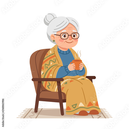 Elderly woman sitting in a chair with warm tea and a cozy blanket  