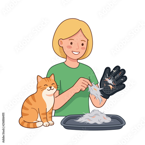 Person removing cat hair from grooming glove with orange tabby nearby  