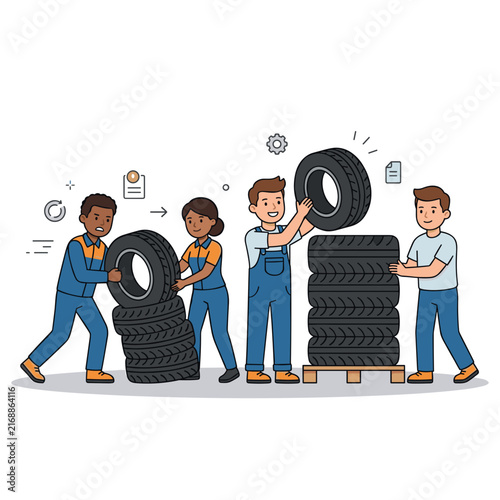 Team of workers stacking tires for warehouse organization  