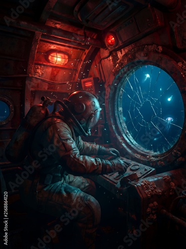 Deep Sea Diver Operating Damaged Submarine Cockpit with Cracked Porthole Window and Glowing Jellyfish Under Red Emergency Light for Sci-Fi Mystery and Adventure Concept