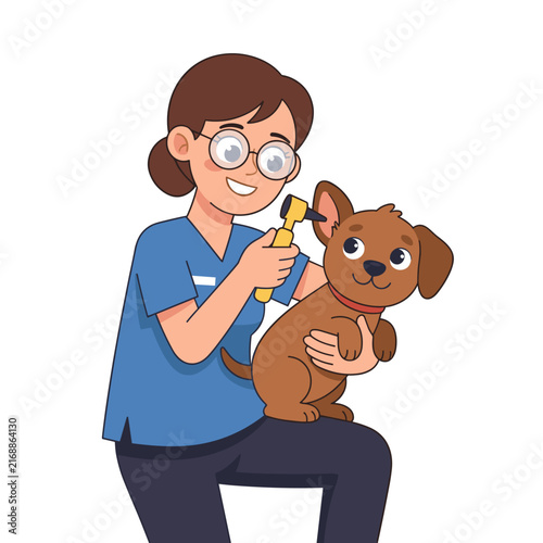 Veterinarian checking dog's ears and smiling with a puppy in clinic  