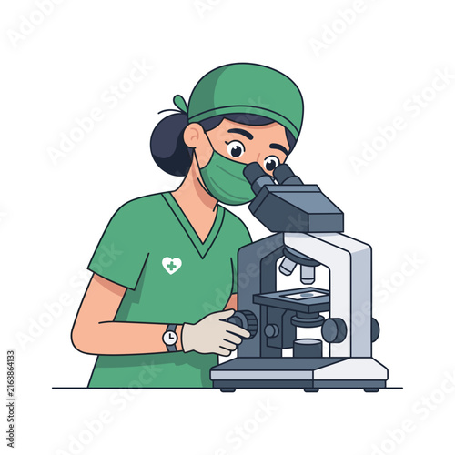 Surgeon looking through microscope in green scrubs and mask  