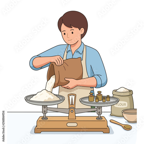 Young man weighing flour with balance scale in a kitchen setting  