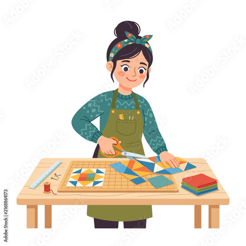 Woman cutting fabric for quilt at a wooden table with craft supplies  