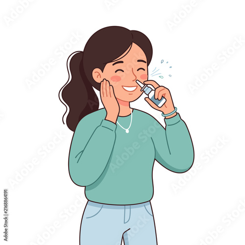 Young woman using nasal spray and smiling in a casual setting  