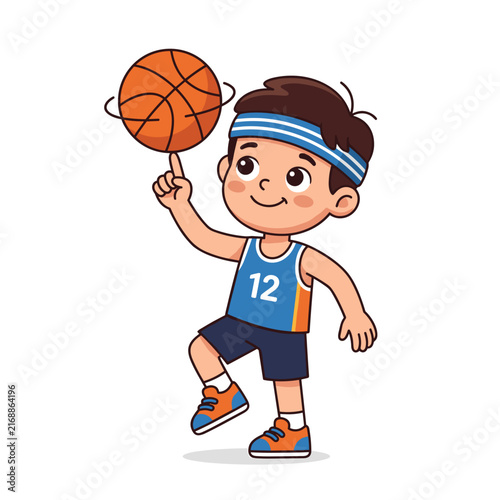 Boy spinning basketball on finger in sports attire  
